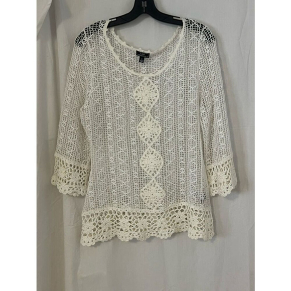 Lisa international Tops - LISA INTERNATIONAL White Crocheted with Ribbon Shirt Womens Size Medium